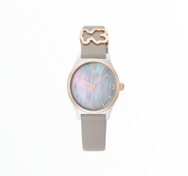 Relógio Tous Bicolor com Mostrador Madrepérola e Bracelete de Couro Cinza