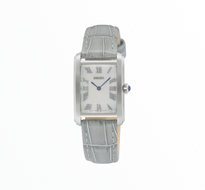 Relógio Seiko Clássico Retangular Prateado com Bracelete de Couro Cinza
