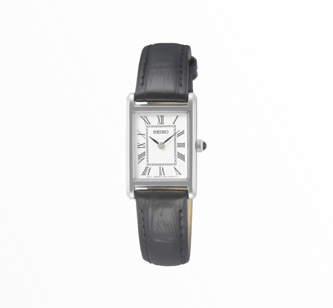 Relógio Seiko Clássico Retangular Pequeno Prateado com Couro Preto