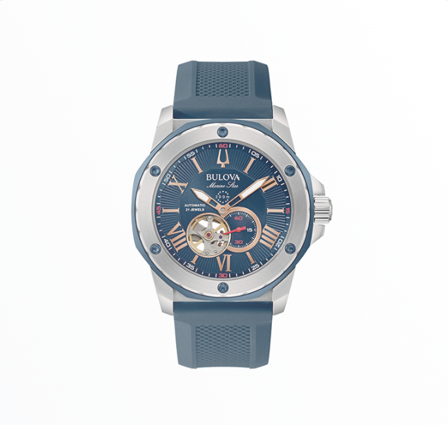 Relógio Bulova Homem Marine Star Automático Open Heart Azul Rose