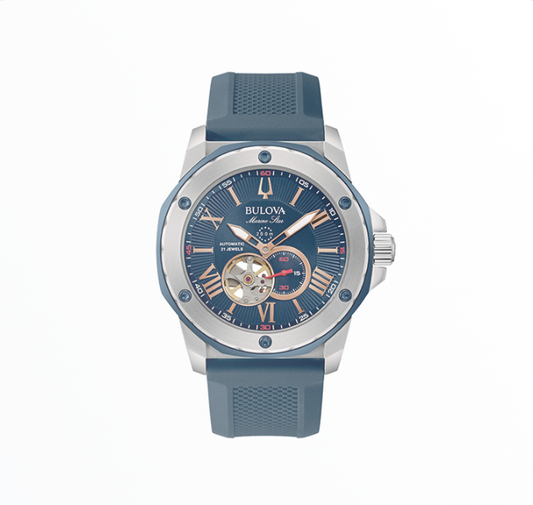 Relógio Bulova Homem Marine Star Automático Open Heart Azul Rose